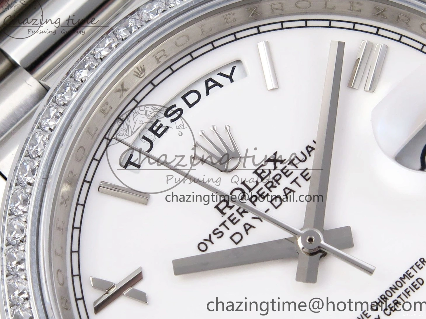 1224 DayDate 40 SS GSF Gain Weight White Roman Dial Diamonds Bezel on President Bracelet A Sustainable 1920